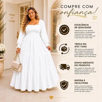 Mulher plus size de vestido longo branco com decote quadrado, mangas bufantes longas e saia em camadas, segurando bolsa bege