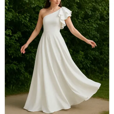 Mulher com vestido longo branco de um ombro só, babado no ombro e saia ampla em movimento, ao ar livre