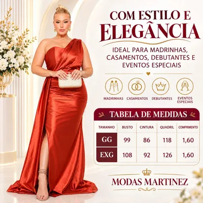 Mulher plus size com vestido longo acetinado cor de ferrugem, de um ombro só, drapeado lateral e fenda na perna