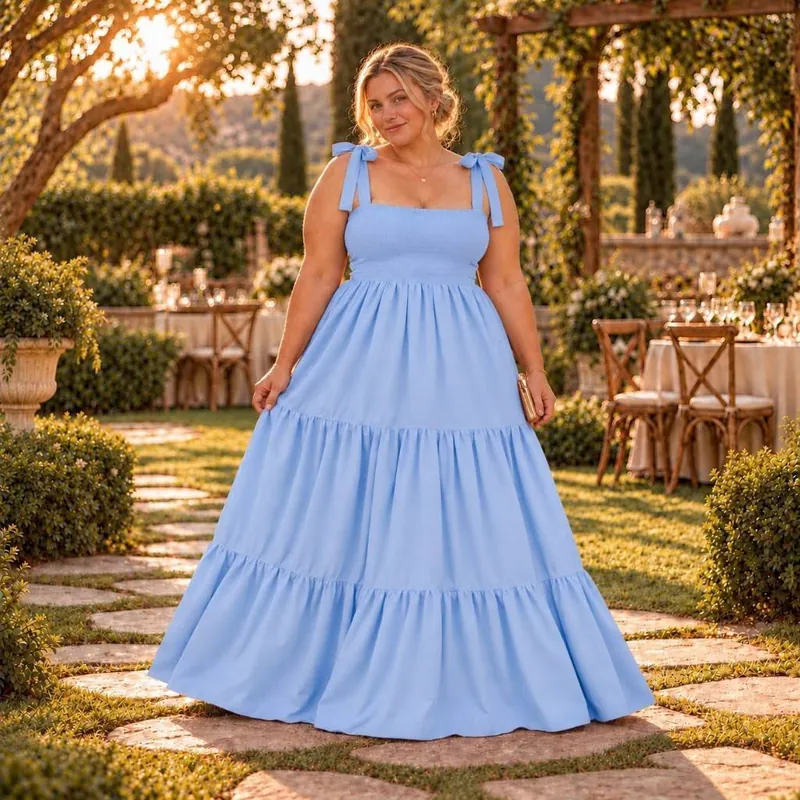 Mulher com vestido longo azul claro, corpo franzido, alças com laço e saia em três camadas, num jardim ao pôr do sol