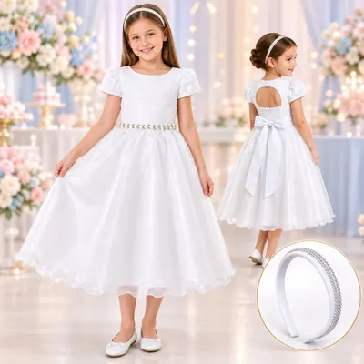 Menina de vestido branco midi com mangas bufantes e cinto brilhante; ao lado, vista de costas com laço e recorte; tiara