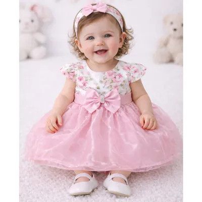 Bebê sentada usando vestido de corpo branco com rosas, laço rosa na cintura e saia rodada de tule rosa