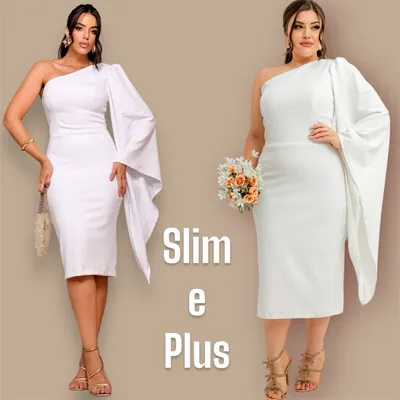 Duas modelas, uma slim e uma plus size, com vestido midi branco justo de um ombro só e manga longa ampla