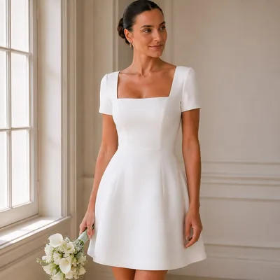 Mulher com vestido branco curto de decote quadrado, manga curta e saia godê, segurando buquê de copos-de-leite