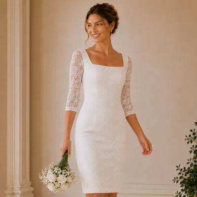 Noiva sorrindo com vestido branco justo de renda na altura do joelho, gola quadrada e mangas 3/4 vazadas, buquê na mão