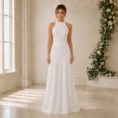 Mulher com vestido longo off-white de renda, frente única com gola alta, em sala clara com arco de flores brancas
