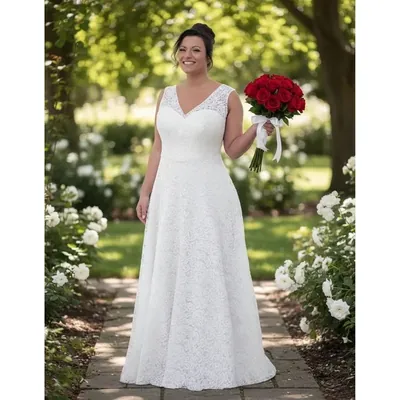 Noiva plus size em jardim com vestido longo branco de renda, decote em V e buquê de rosas vermelhas