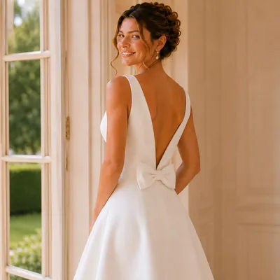 Noiva de costas com vestido branco evasê sem mangas, decote em V profundo nas costas e laço na cintura, perto de janela