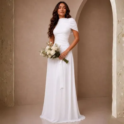 Noiva com vestido longo branco franzido no corpo, capa drapeada sobre os ombros e buquê de rosas brancas