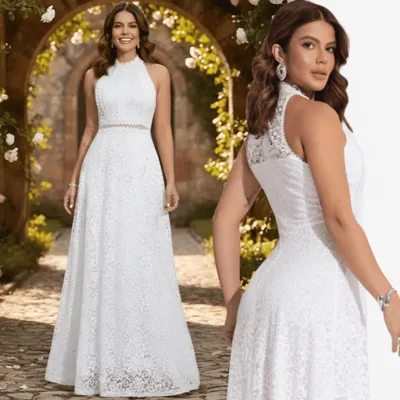 Noiva com vestido longo de renda branca, gola alta e sem manga, em arco de jardim com flores; vista de costas ao lado