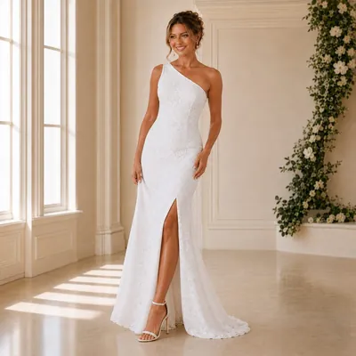 Modelo com vestido branco longo de renda, um ombro só, fenda na perna e sandália de tiras, em salão claro com flores