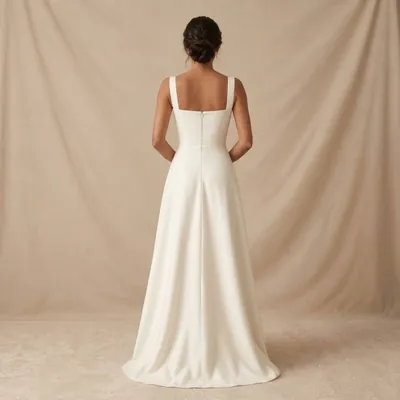 Noiva de costas com vestido longo liso cor marfim, alças largas, decote quadrado nas costas e saia evasê até o chão