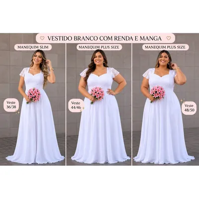 Três modelos com o mesmo vestido de noiva branco longo, decote coração e mangas curtas de renda, segurando buquê rosa