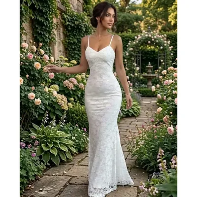 Noiva em jardim de rosas usando vestido longo branco de renda, justo, com alças finas e barra recortada