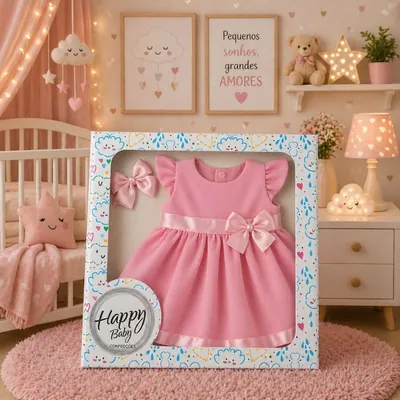 Vestido rosa de bebê com faixa e laço de cetim e laço de cabelo dentro de caixa com visor, num quarto infantil
