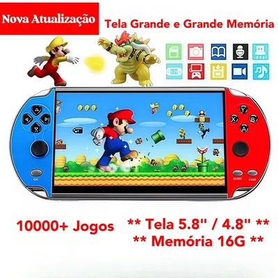 Console portátil horizontal azul e vermelho, com dois analógicos e jogo de plataforma na tela
