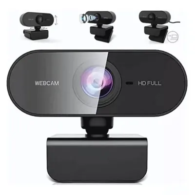 Webcam preta oval com lente central, inscrições Webcam e HD Full e suporte articulado de encaixe no monitor
